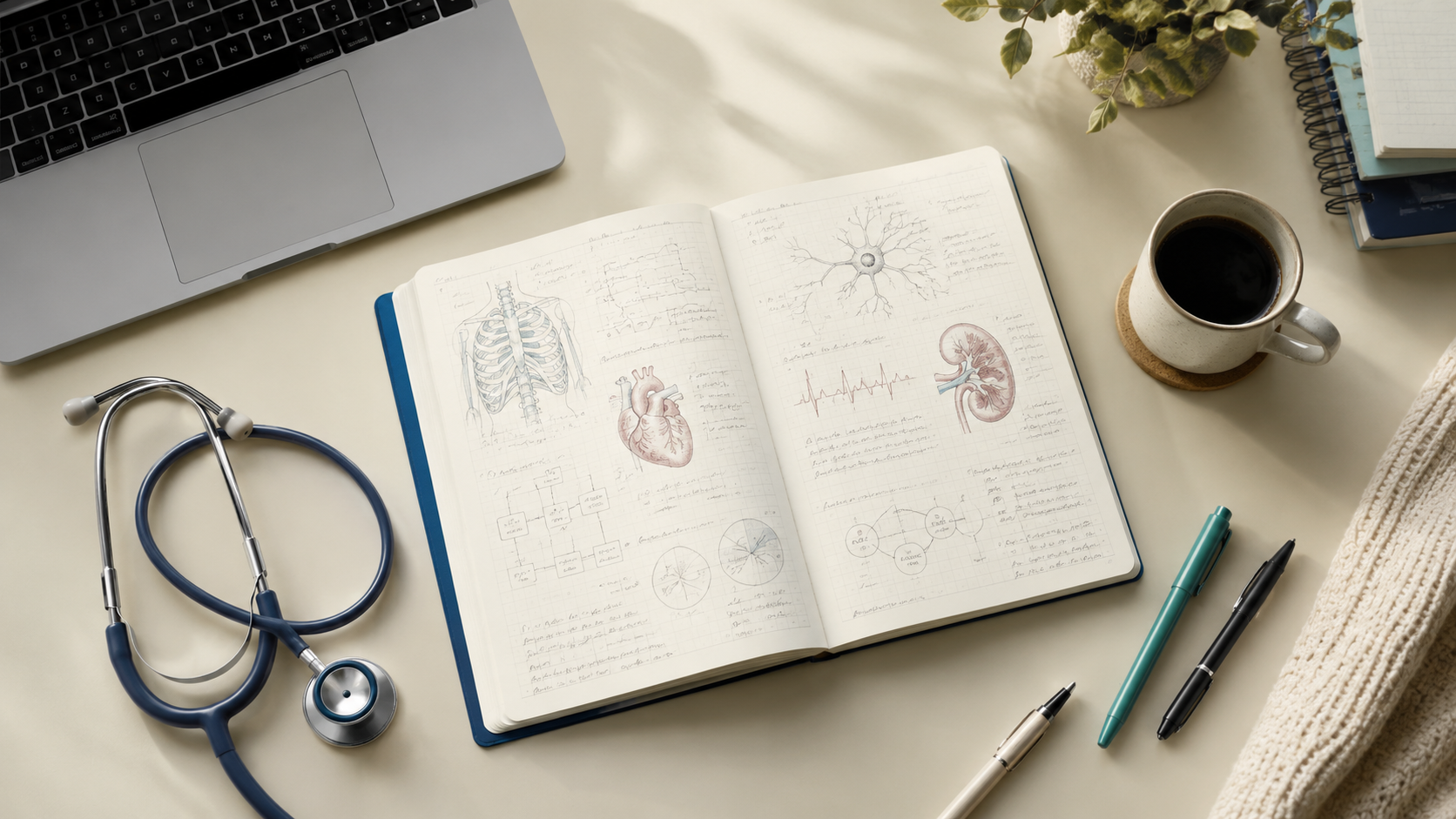A stethoscope, nursing study notebook, laptop, and pens arranged on a warm desk